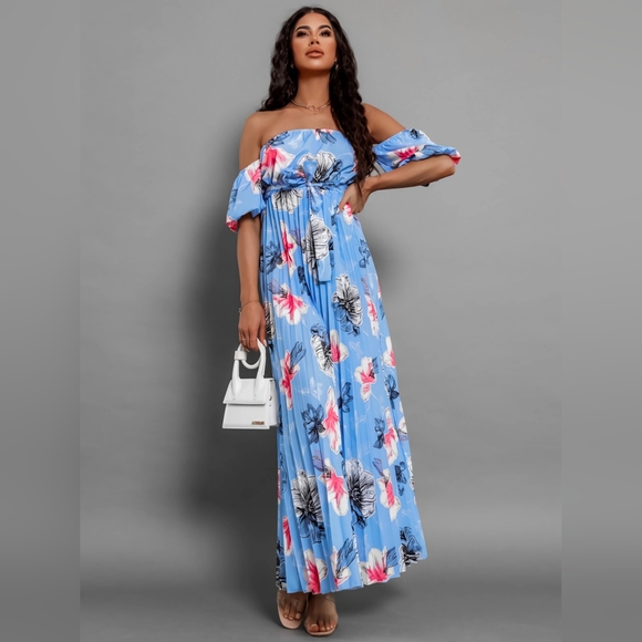 Pleated Floral Off-Shoulder Short Sleeve Midi Dress - Picture 2 of 8